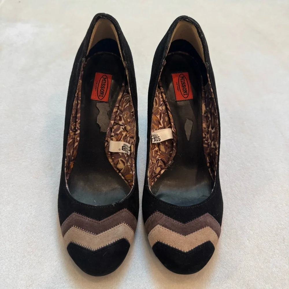 MISSONI Heels, Chevron Black and Brown Suede Leather Heels